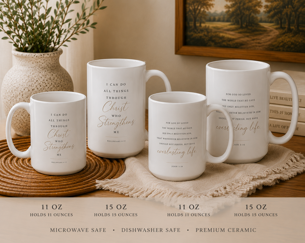 Four white ceramic mugs with gold and black Bible verse prints, displayed on a woven mat with a beige throw blanket, books, and a potted plant in the background. Text at the bottom indicates the mugs are 11 oz or 15 oz and lists microwave safe, dishwasher safe, and premium ceramic features.