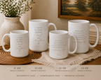 Four white ceramic mugs with gold and black Bible verse prints, displayed on a woven mat with a beige throw blanket, books, and a potted plant in the background. Text at the bottom indicates the mugs are 11 oz or 15 oz and lists microwave safe, dishwasher safe, and premium ceramic features.