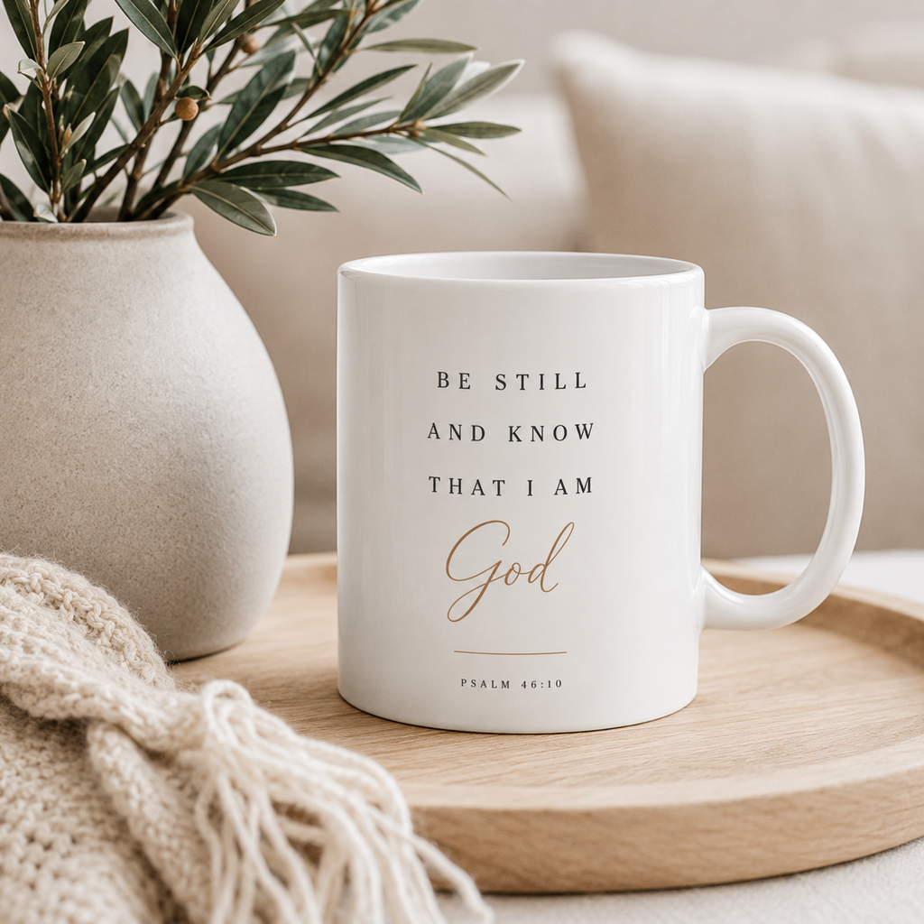 A white ceramic mug with black and gold text reading 'BE STILL AND KNOW THAT I AM God' and 'PSALM 46:10', placed on a round wooden tray beside a beige vase with greenery and a cream knit blanket.