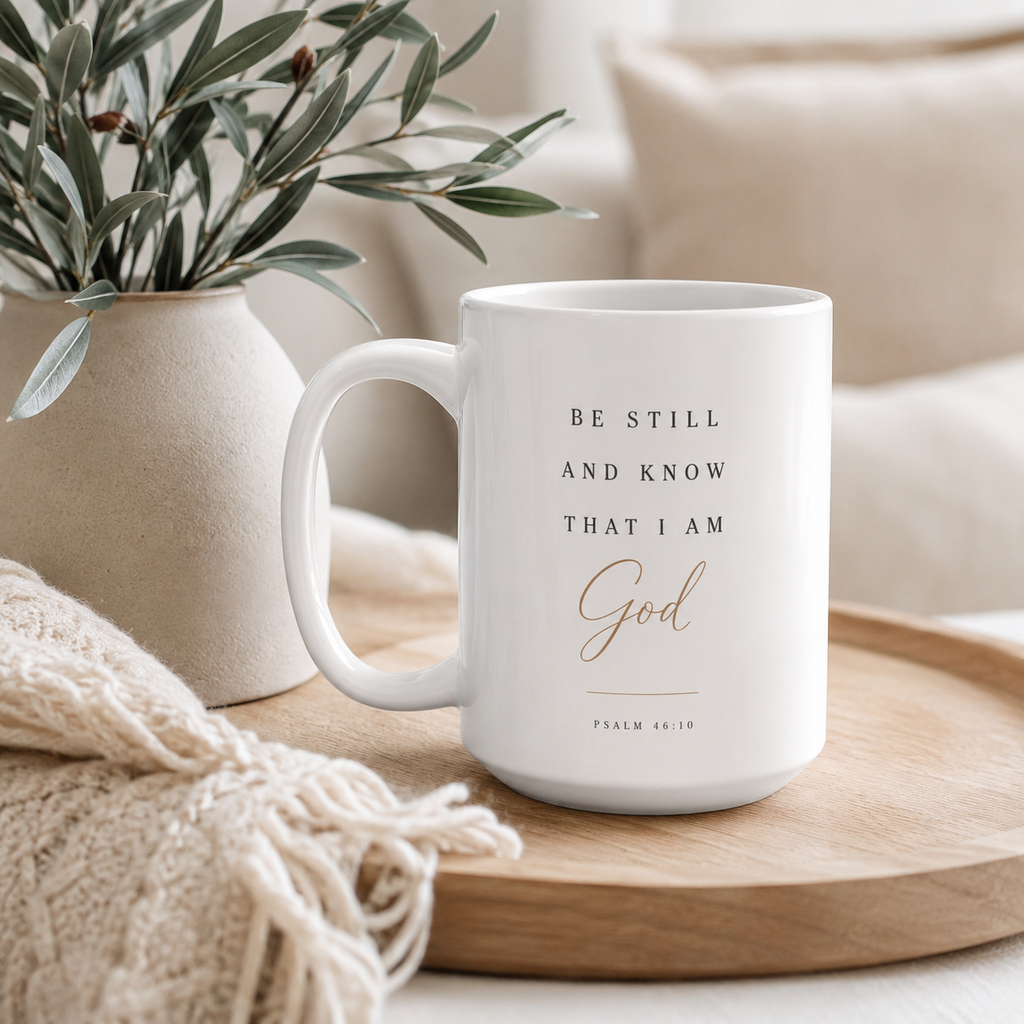 A white ceramic coffee mug with the text 'BE STILL AND KNOW THAT I AM God' in black and rose gold lettering, resting on a wooden tray next to a beige throw blanket and a vase of green leaves.