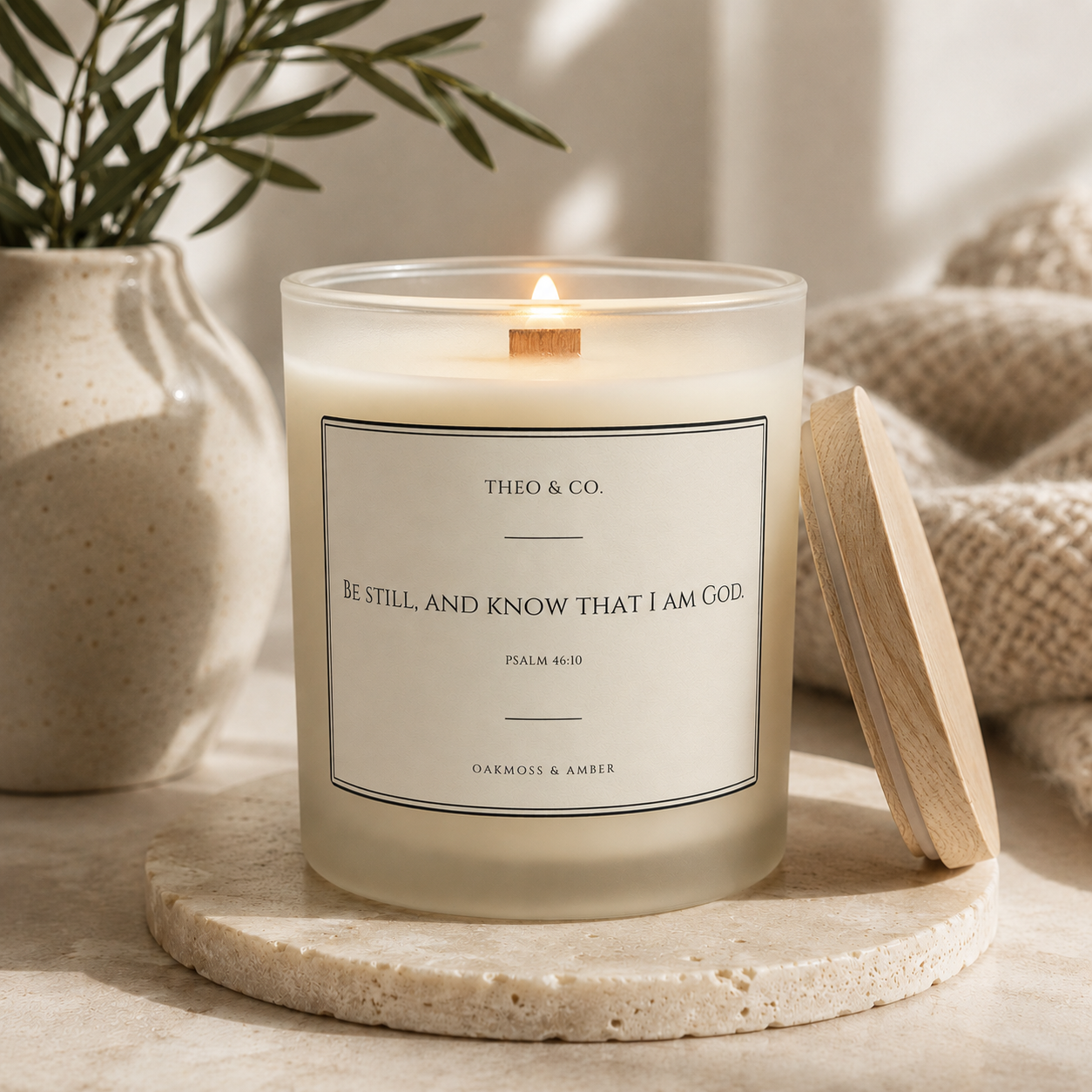 A lit frosted glass candle with a wooden wick sits on a round stone coaster, with its wooden lid leaning against it. The label reads 'THEO & CO.