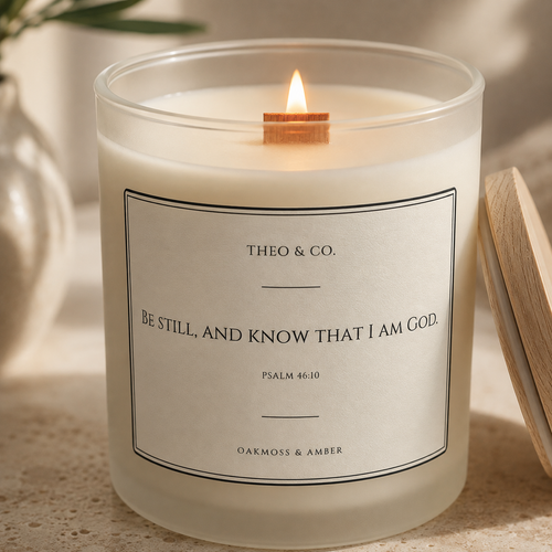 A lit jar candle with a wooden wick and cream-colored wax in a frosted glass container. The front label reads 'THEO & CO.