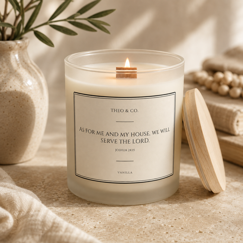 A lit jar candle with a white wax body, clear glass top, and a light wood wick sits on a beige stone surface. The front label reads 'THEIO & CO.