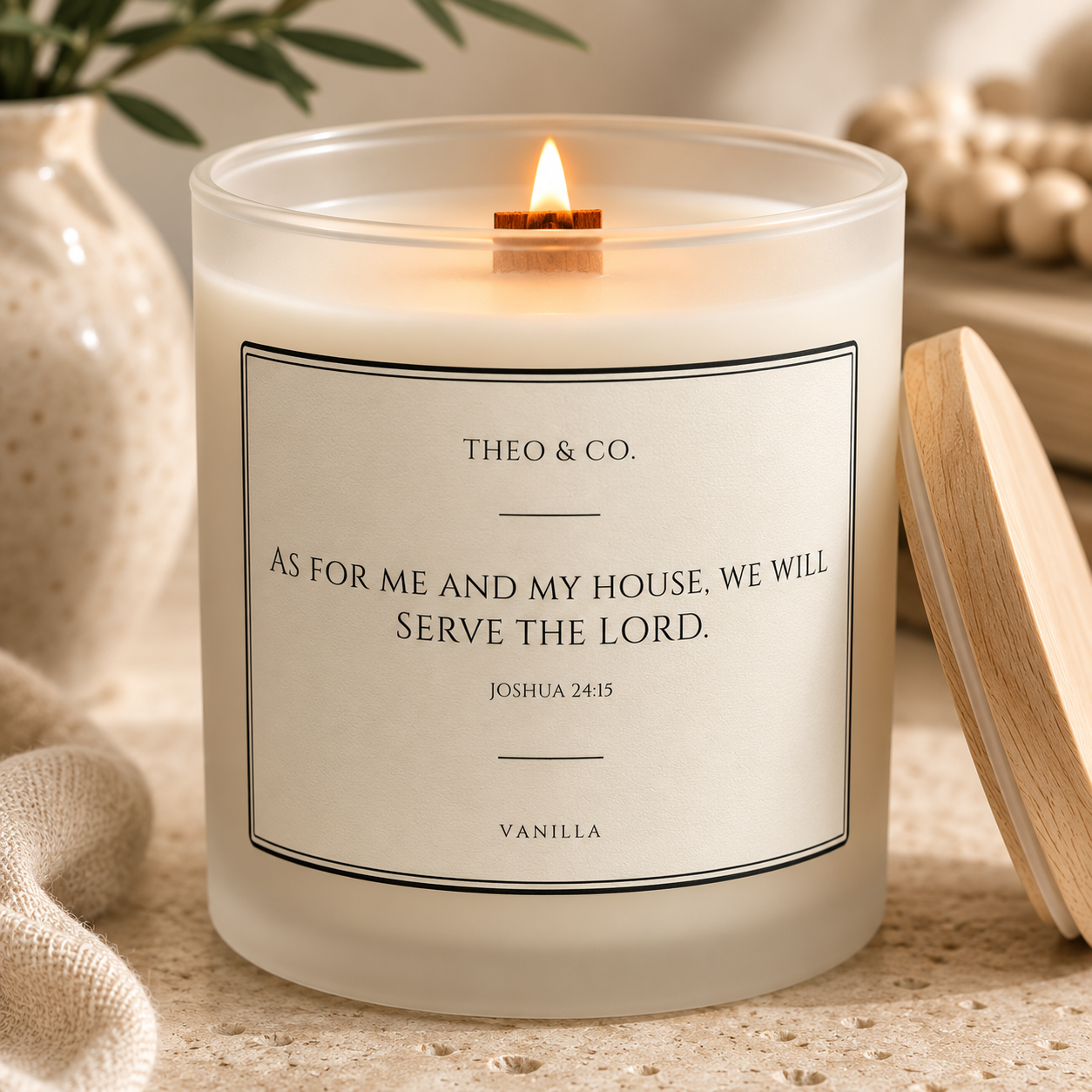 A lit vanilla scented candle in a frosted glass jar with a wooden wick, featuring a white label with black text that reads 'THEO & CO. AS FOR ME AND MY HOUSE, WE WILL SERVE THE LORD.