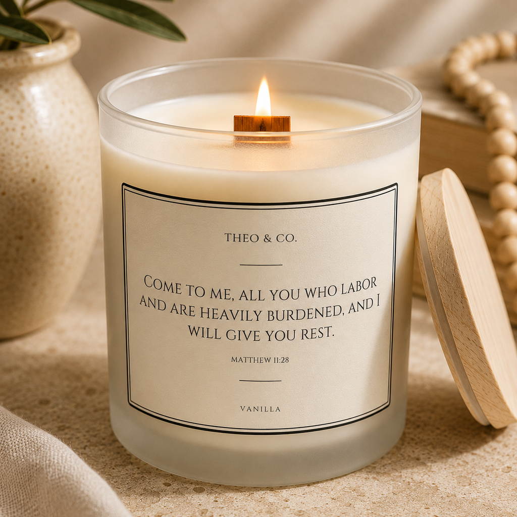 A lit scented candle in a frosted glass jar with a wooden wick, labeled 'THEO & CO.' and featuring a Bible verse from Matthew 2:28.