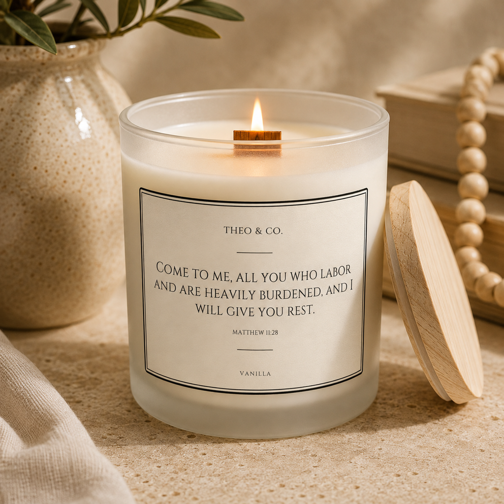 A lit vanilla scented candle in a frosted glass jar with a wooden wick, set on a textured beige surface with a wooden lid beside it. The label reads 'THEO & CO.