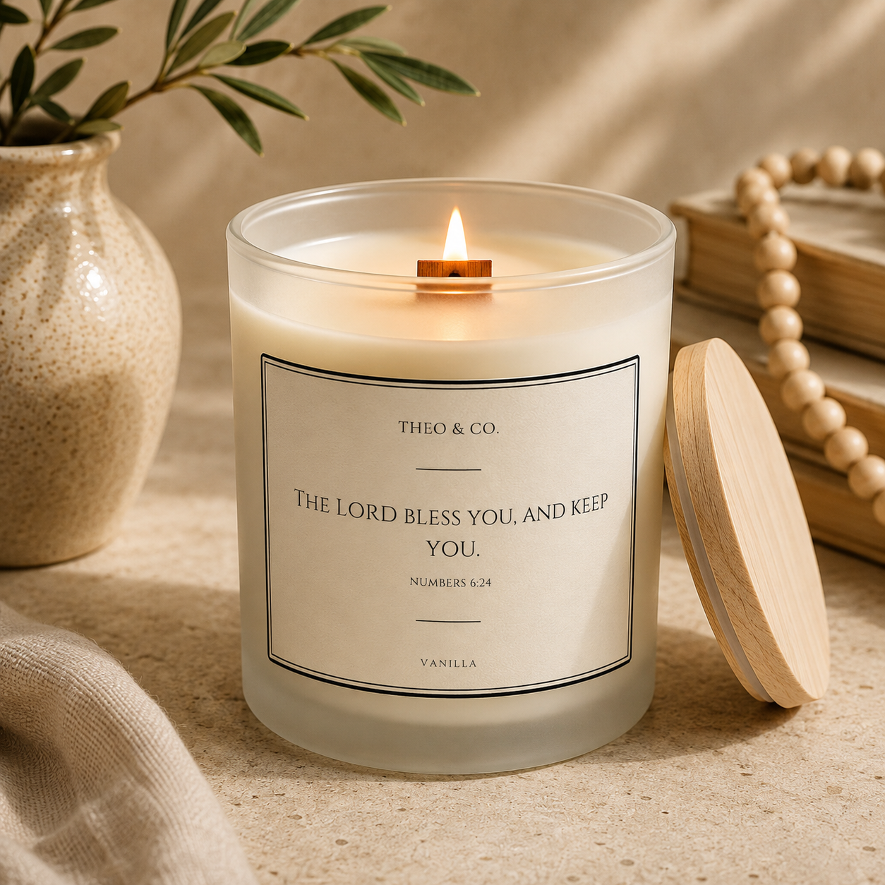 A lit candle in a frosted glass jar with a wooden wick, shown on a beige surface with its wooden lid beside it. The label reads 'THEO & CO.