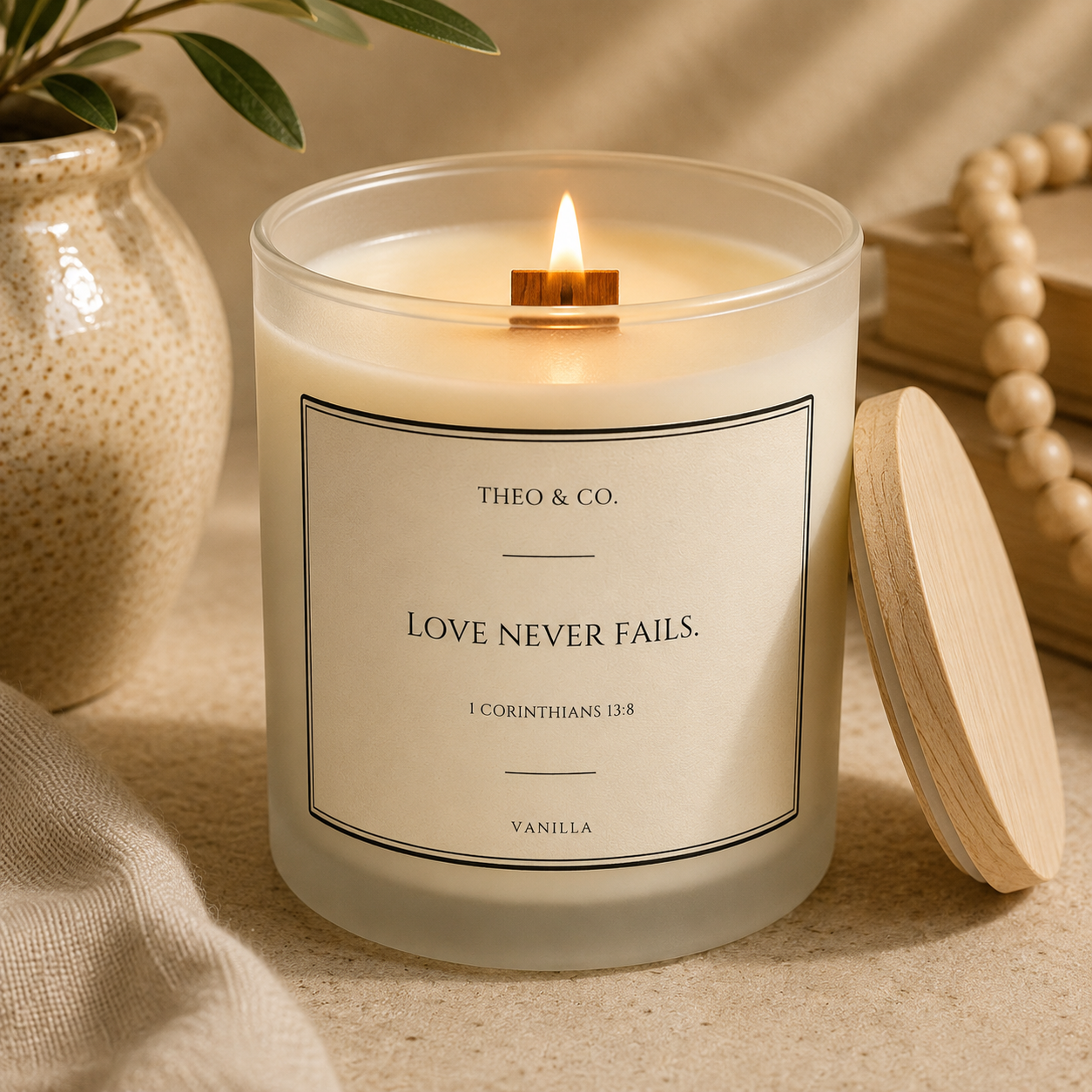 A lit jar candle with a cream label reading 'THEO & CO. LOVE NEVER FAILS.