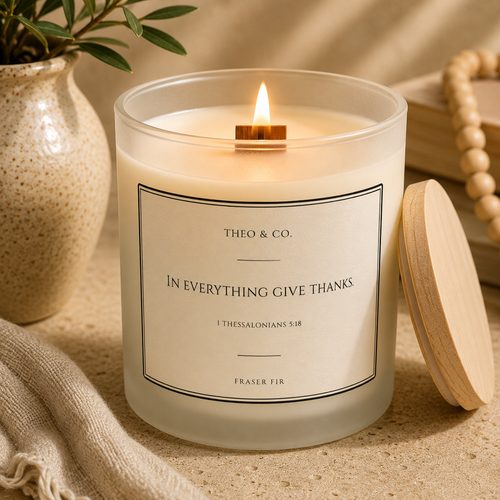 A lit scented candle in a frosted glass jar with a wooden wick and a cream label reading 'THEO & CO. IN EVERYTHING GIVE THANKS' and 'FRASER FIR.