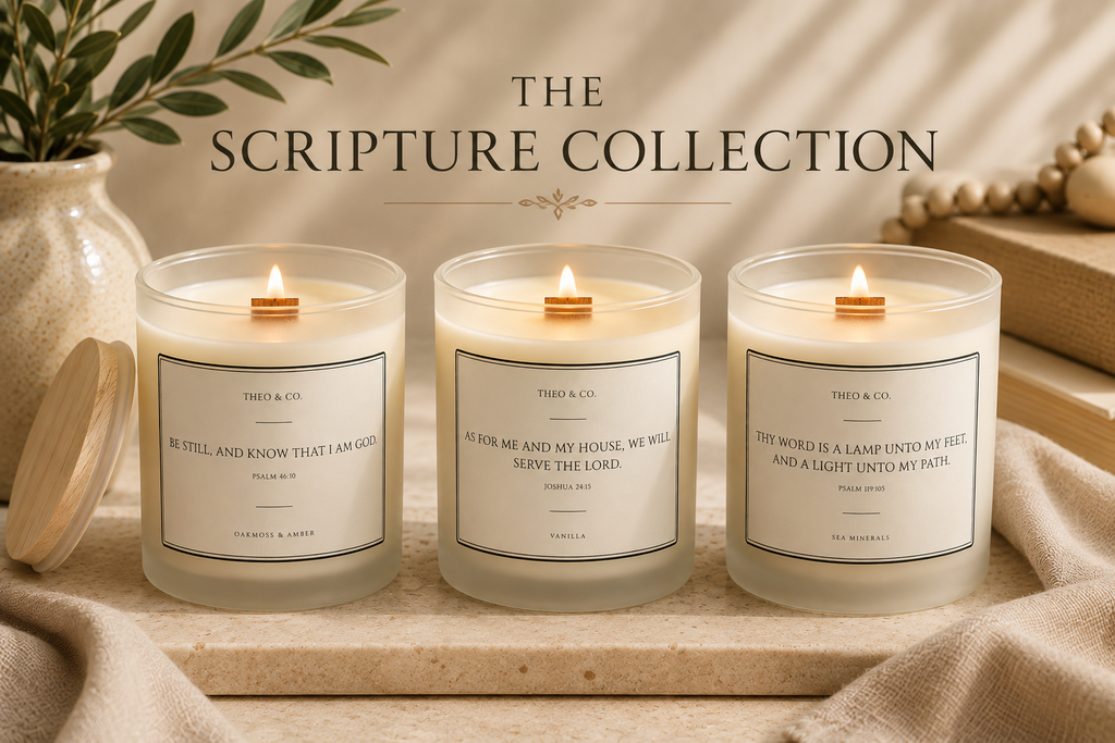 Three lit glass jar candles with white labels are arranged on a draped beige fabric surface. The candles are part of a 'The Scripture Collection' set by Theo & Co, with decorative props including a ceramic vase with greenery and wooden beads in the background.
