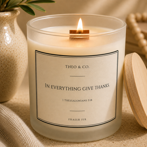A lit soy candle in a frosted glass jar with a wooden wick, labeled 'THEO & CO. IN EVERYTHING GIVE THANKS' and 'FRASER FIR,' shown on a beige fabric surface with a wooden lid beside it.