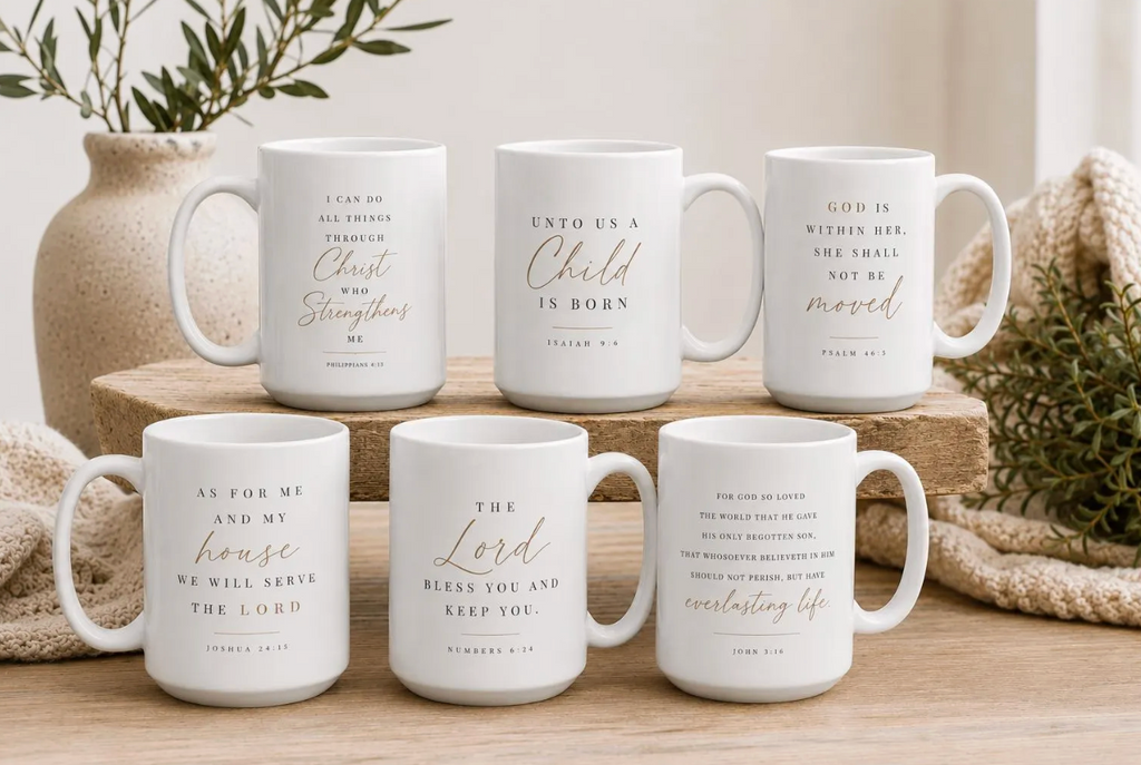 Six white ceramic mugs with gold Bible verses printed on them, arranged on a wooden stand with neutral decorative props in a softly styled indoor setting.