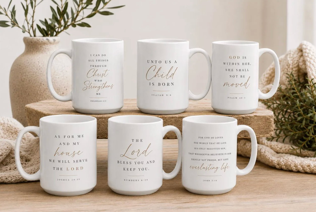 Six white ceramic mugs with gold Bible verses printed on them, arranged on a wooden stand with neutral decorative props in a softly styled indoor setting.