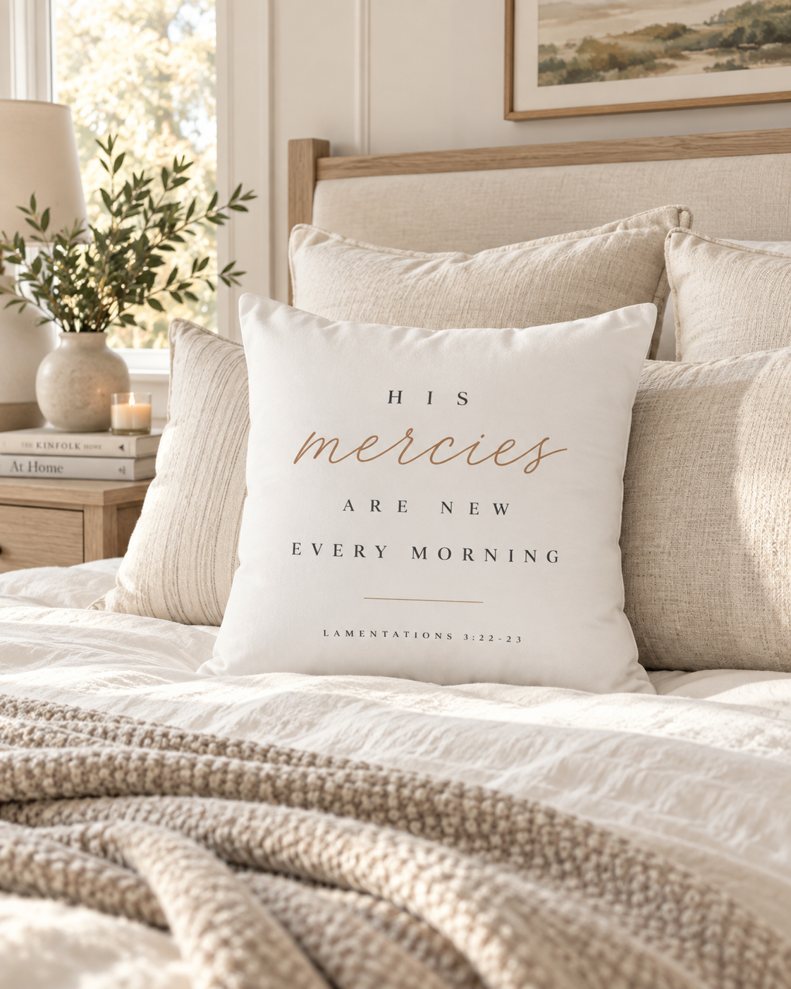 Lamentations 3:22-23 scripture pillow cover on a neutral sofa