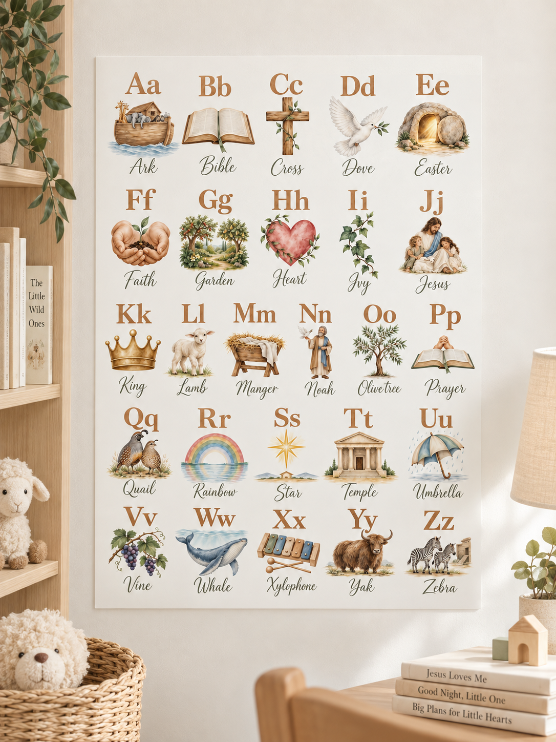 Christian alphabet poster for a nursery or kids room