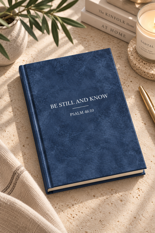 Be Still journal in blue and white