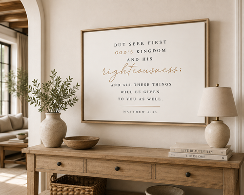 Matthew 6:33 horizontal framed canvas, scripture wall art