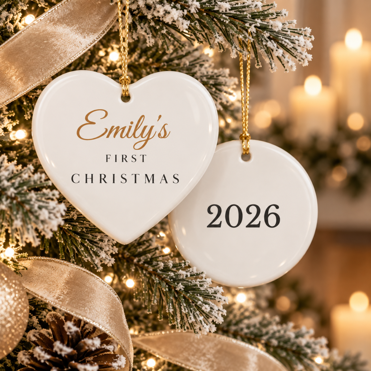 Baby's First Christmas personalized white ceramic ornament with baby's name in script and 2026 on the back