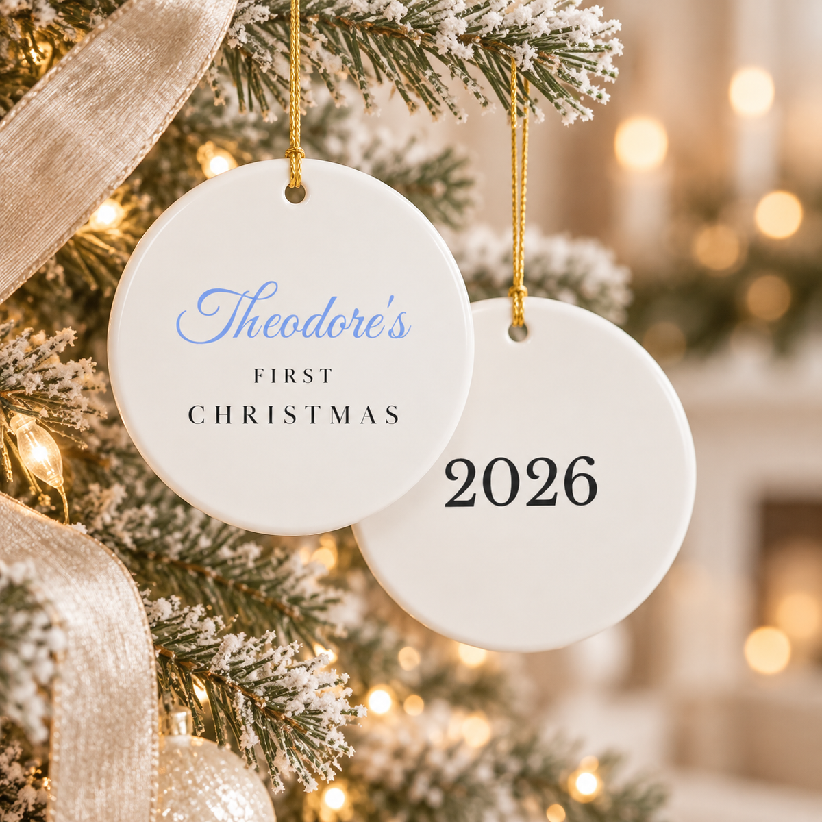 Personalized Baby's First Christmas ornament with name in script, heart or round shape