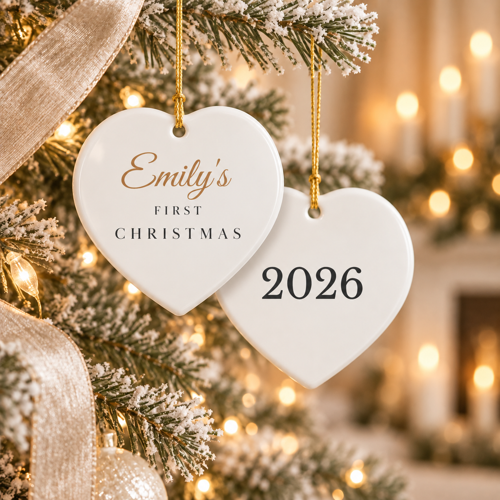 White ceramic Baby's First Christmas 2026 ornament with custom name