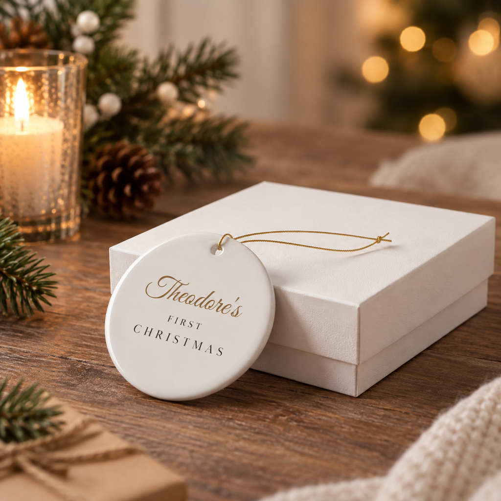 Personalized Baby's First Christmas ornament, ready to give in a white gift box