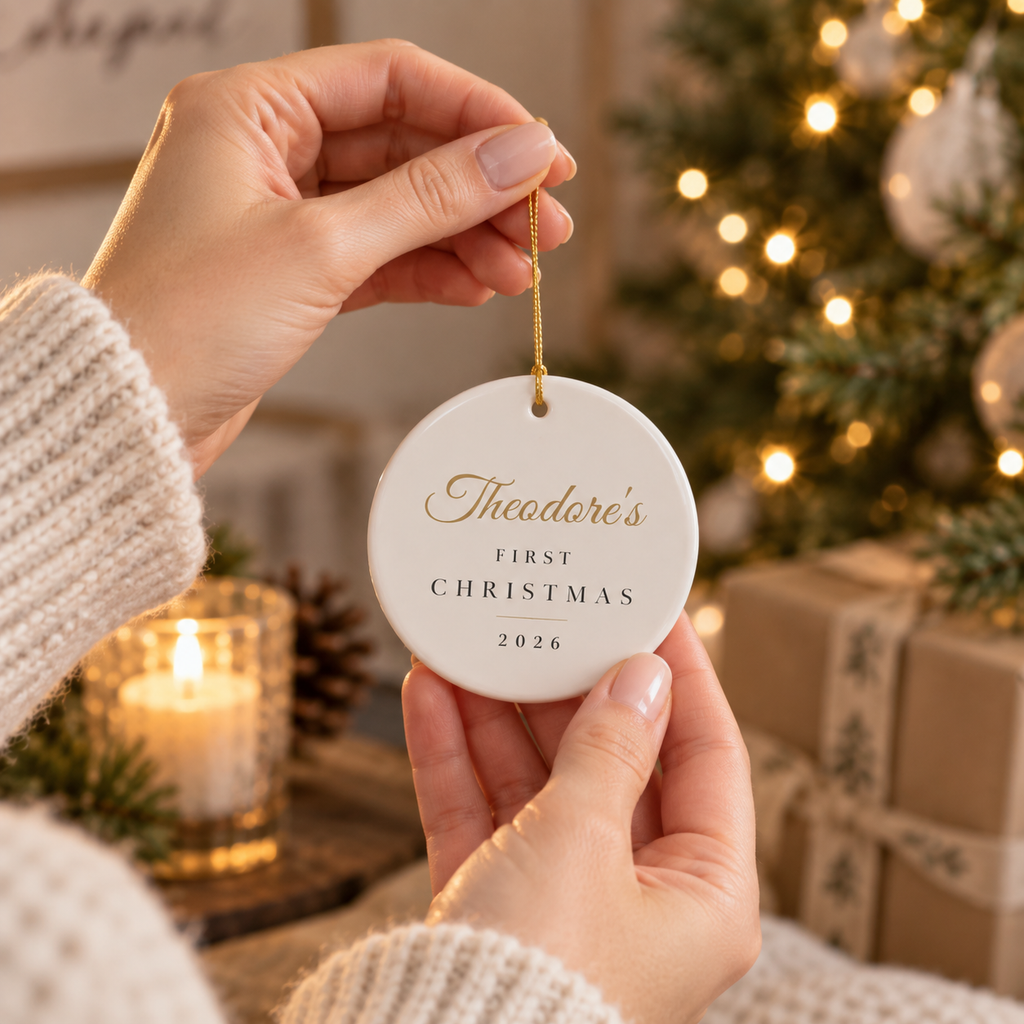 Baby's First Christmas personalized name ornament hanging on a Christmas tree