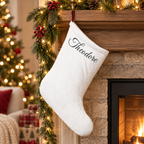 Personalized white Christmas stocking with a name in elegant script