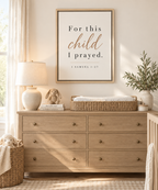 For this child I prayed framed scripture canvas with copper script, Christian nursery decor