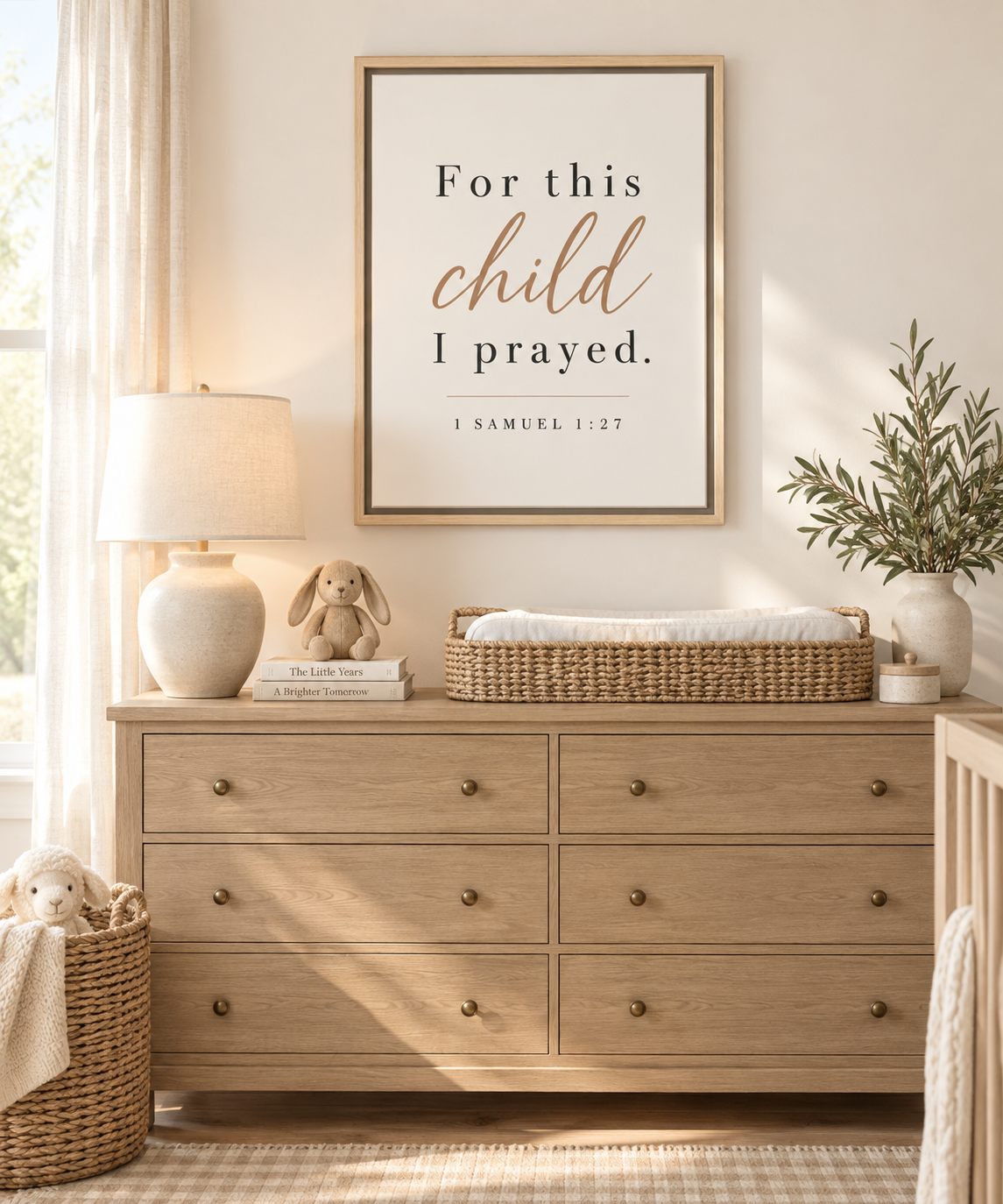 For this child I prayed framed scripture canvas with copper script, Christian nursery decor