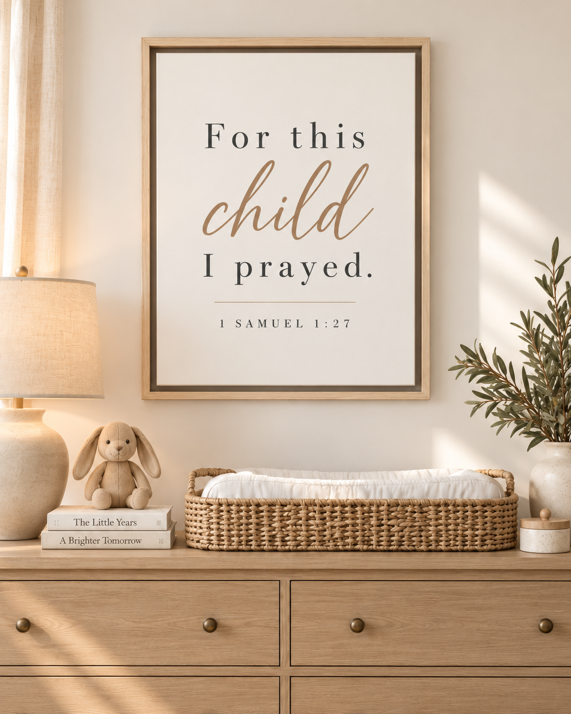 1 Samuel 1:27 framed canvas print hanging above a crib, baby shower gift