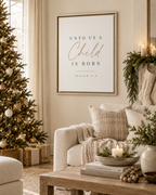 Unto Us a Child Is Born Isaiah 9:6 framed canvas, neutral Christian Christmas wall art by Theo & Co.