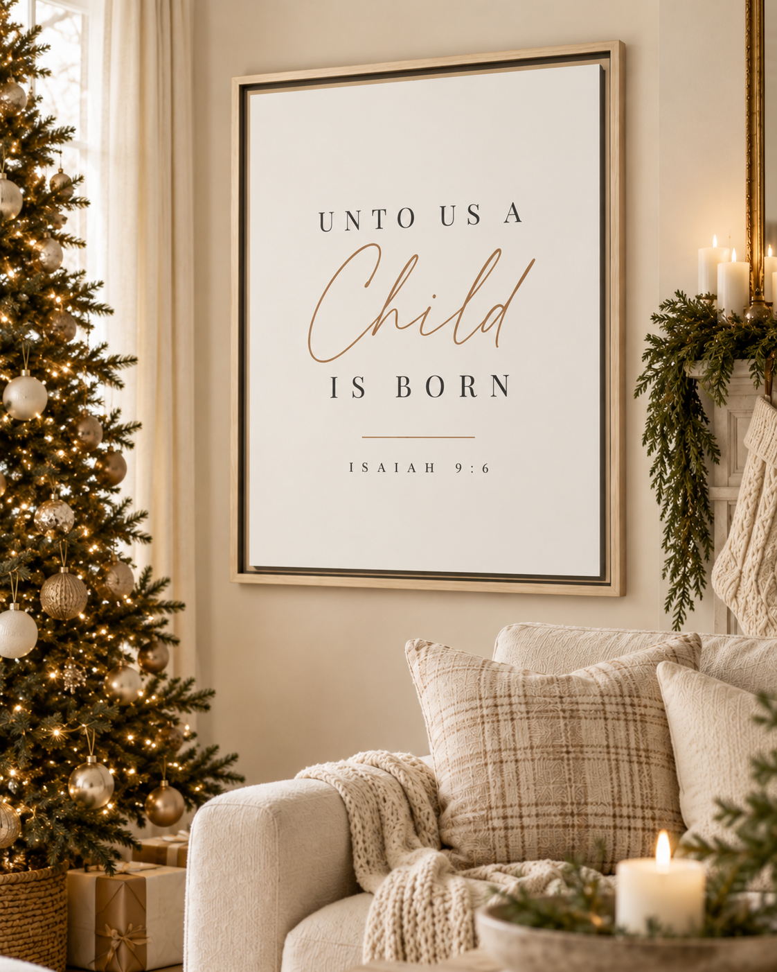 Isaiah 9:6 Unto Us a Child Is Born Christmas sign above a mantel, Theo & Co.