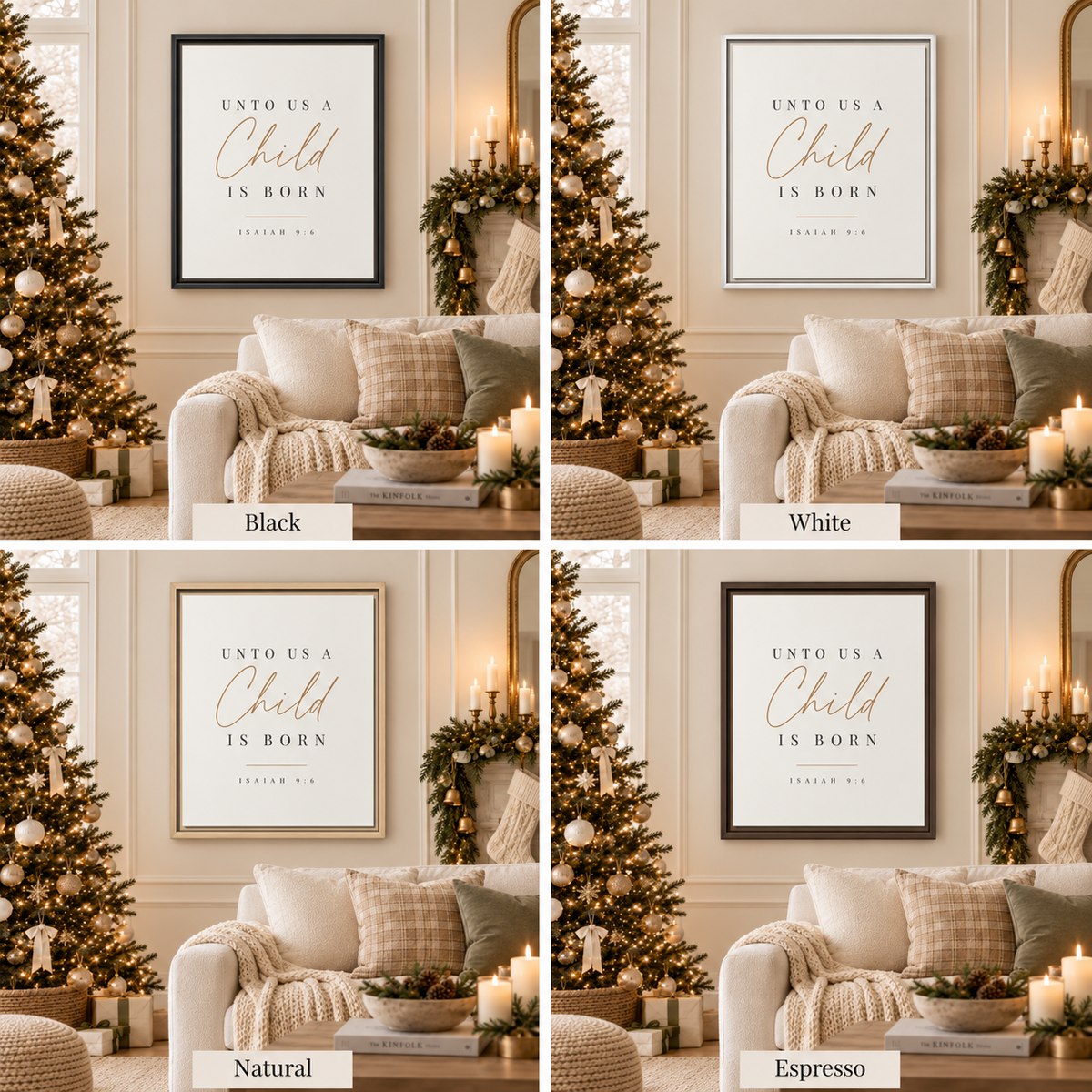 Unto Us a Child Is Born Christmas canvas shown in four frame colors.
