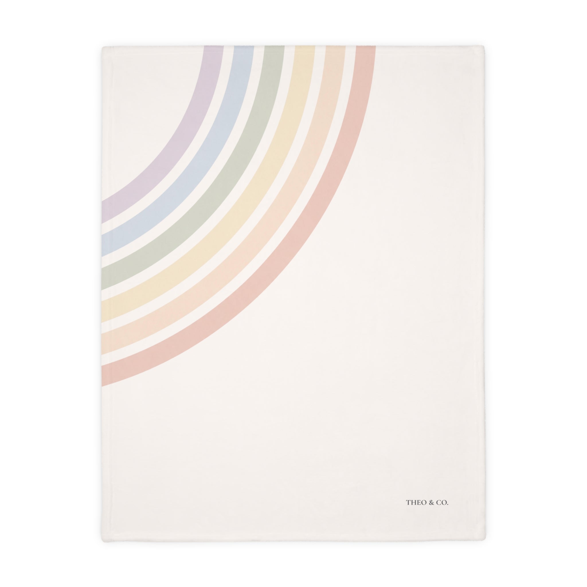 A cream-colored fabric item, likely a blanket or towel, featuring a minimalist pastel rainbow design in the upper-left corner and the text 'THIO & CO.' in the lower-right corner.