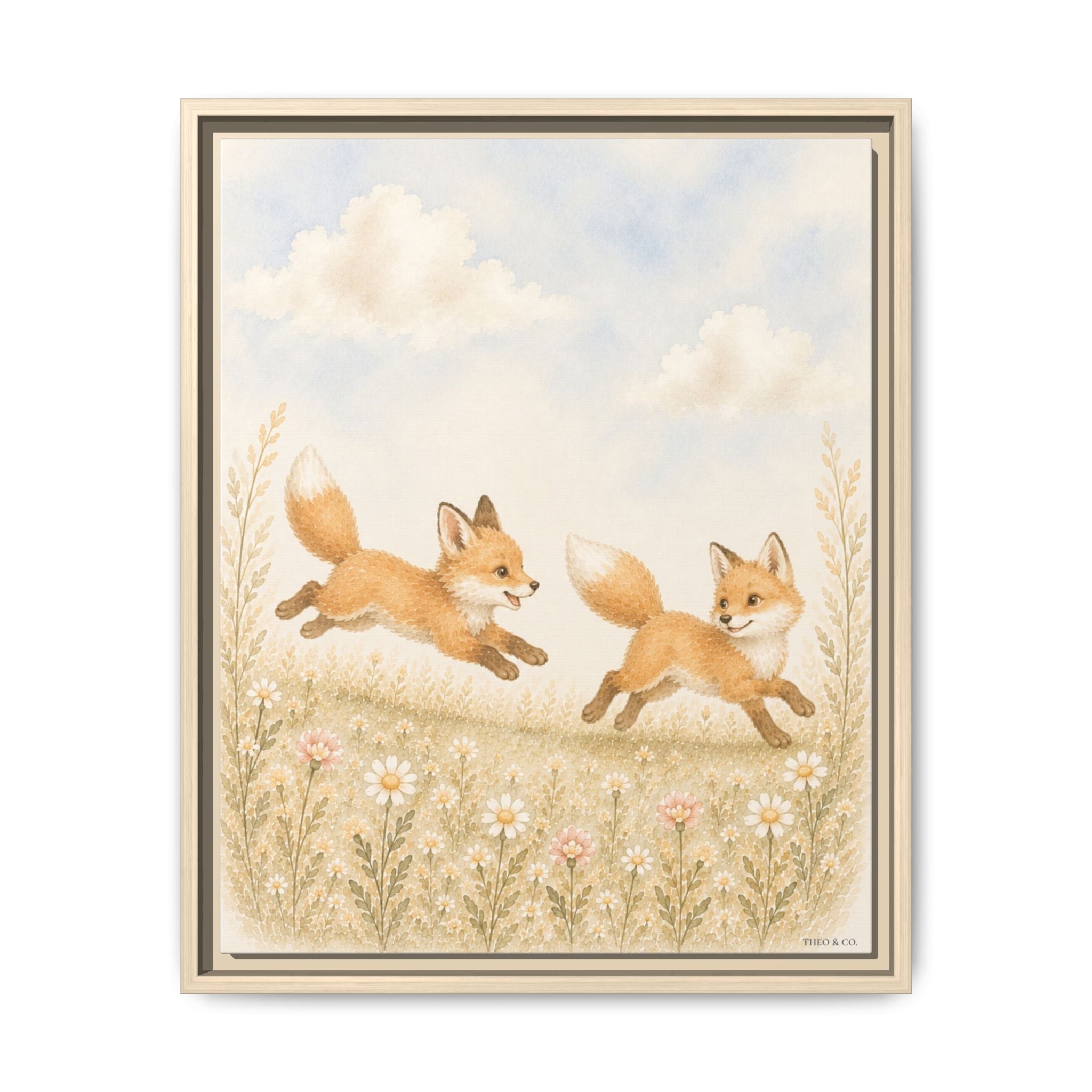 Running Baby Foxes Woodland Framed Canvas