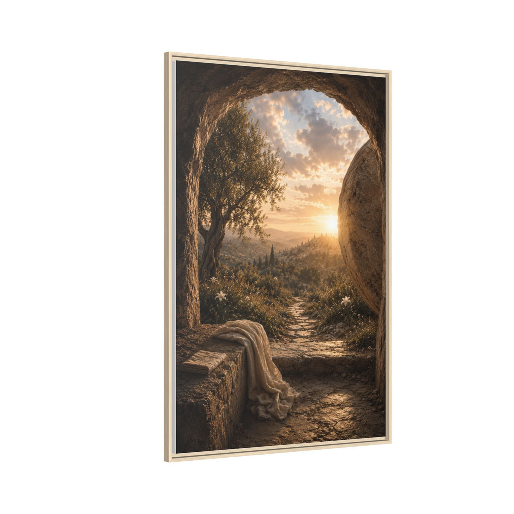 A framed art print depicting a scenic landscape with an archway, a draped cloth, and a sunset over a valley, shown against a plain white background.