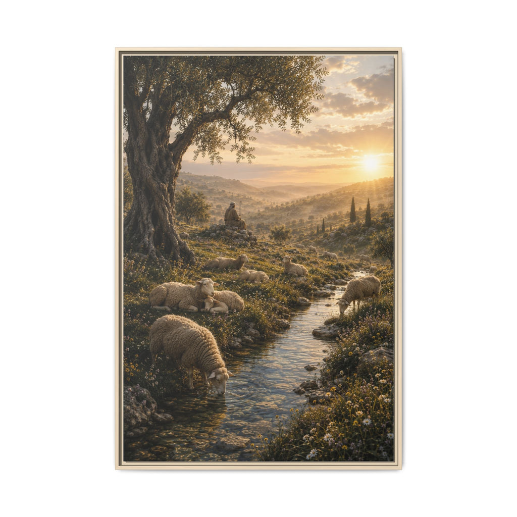 A framed landscape art print depicting a shepherd tending sheep near a stream in a sunlit valley, surrounded by a light wood frame on a white background.