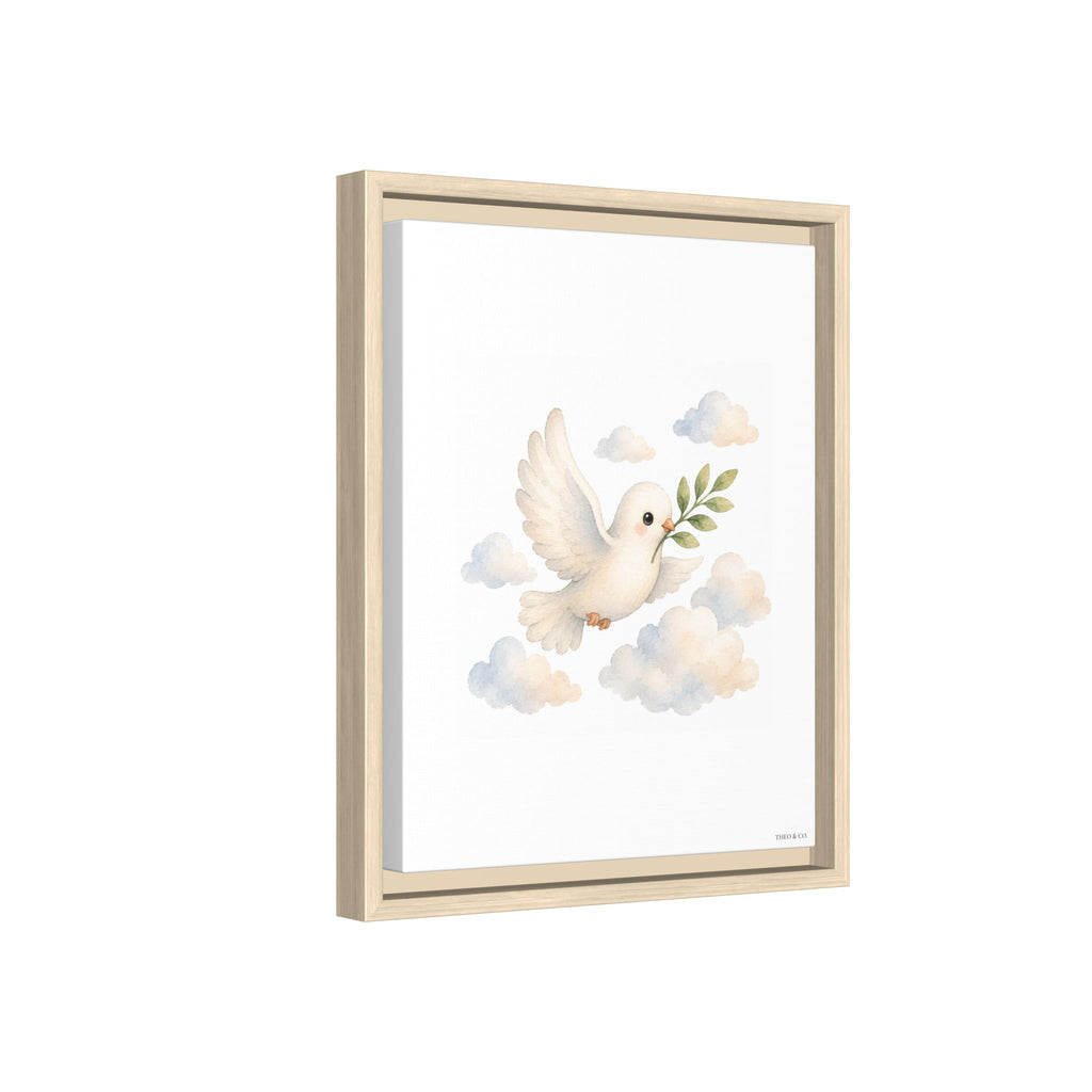 Framed wall art featuring a white dove in flight holding a green olive branch, surrounded by soft pastel clouds, shown in a light natural wood frame against a white background.