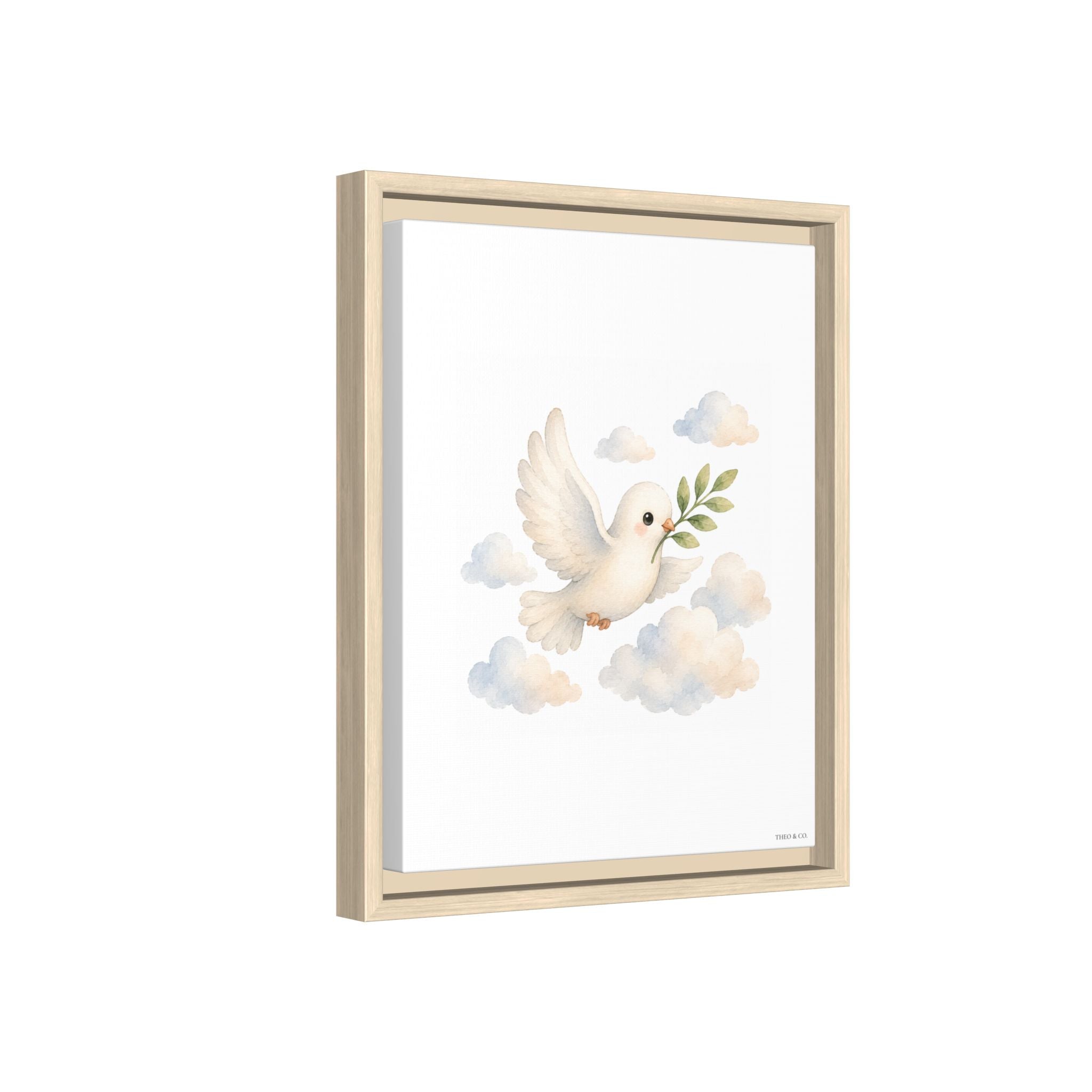 Framed wall art featuring a white dove in flight holding a green olive branch, surrounded by soft pastel clouds, shown in a light natural wood frame against a white background.