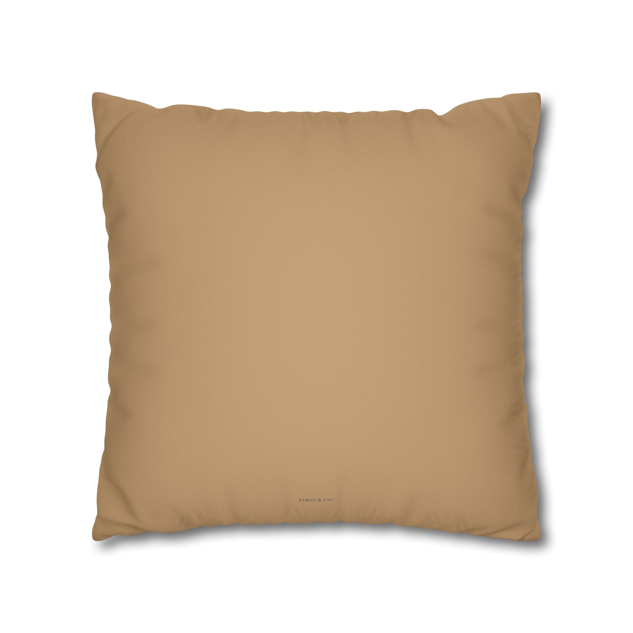 A square throw pillow in a solid tan color, shown against a plain white background with a soft drop shadow.