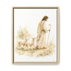 A framed art print featuring a watercolor-style illustration of Jesus walking with two sheep, shown against a clean white background.