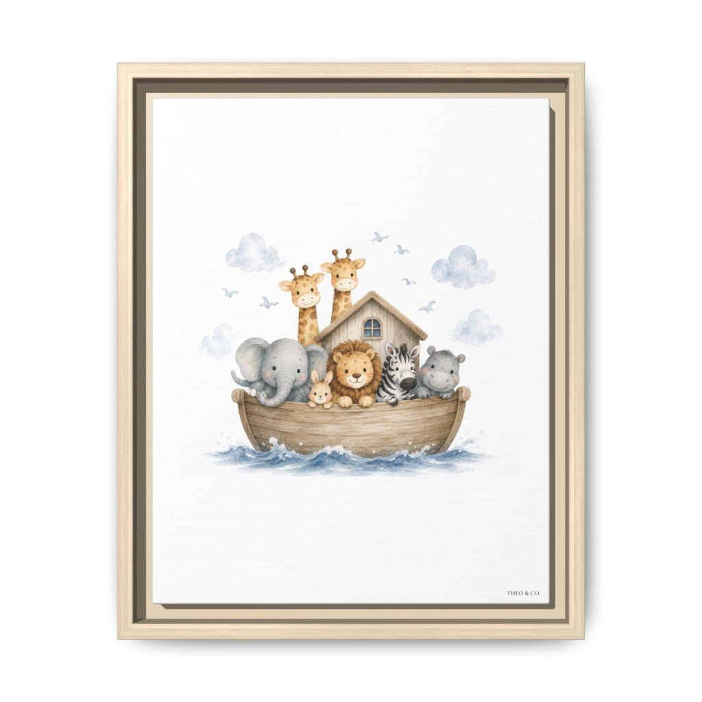 A framed children's art print featuring Noah's Ark with cute cartoon animals including a giraffe, elephant, lion, zebra, and hippo on a wooden boat, shown against a white background.