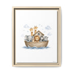 A framed children's art print featuring Noah's Ark with cute cartoon animals including a giraffe, elephant, lion, zebra, and hippo on a wooden boat, shown against a white background.