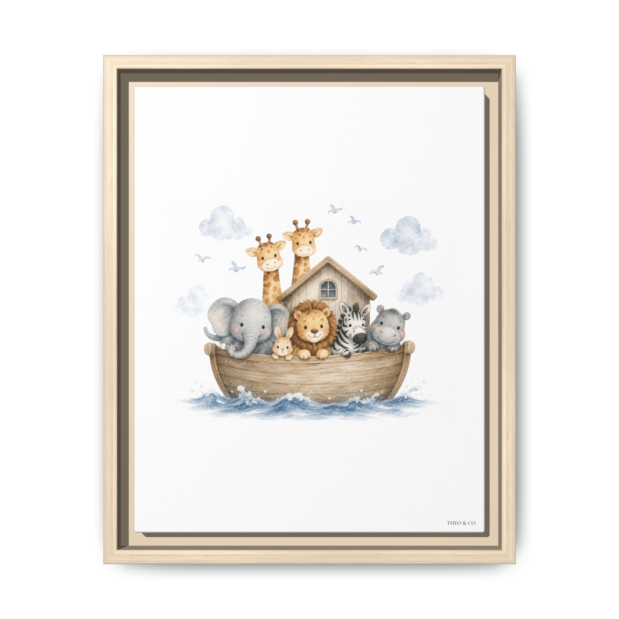 A framed children's art print featuring Noah's Ark with cute cartoon animals including a giraffe, elephant, lion, zebra, and hippo on a wooden boat, shown against a white background.