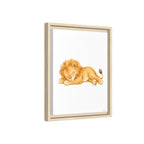 A framed watercolor art print of a sleeping lion cub, shown at a slight angle against a plain white background.