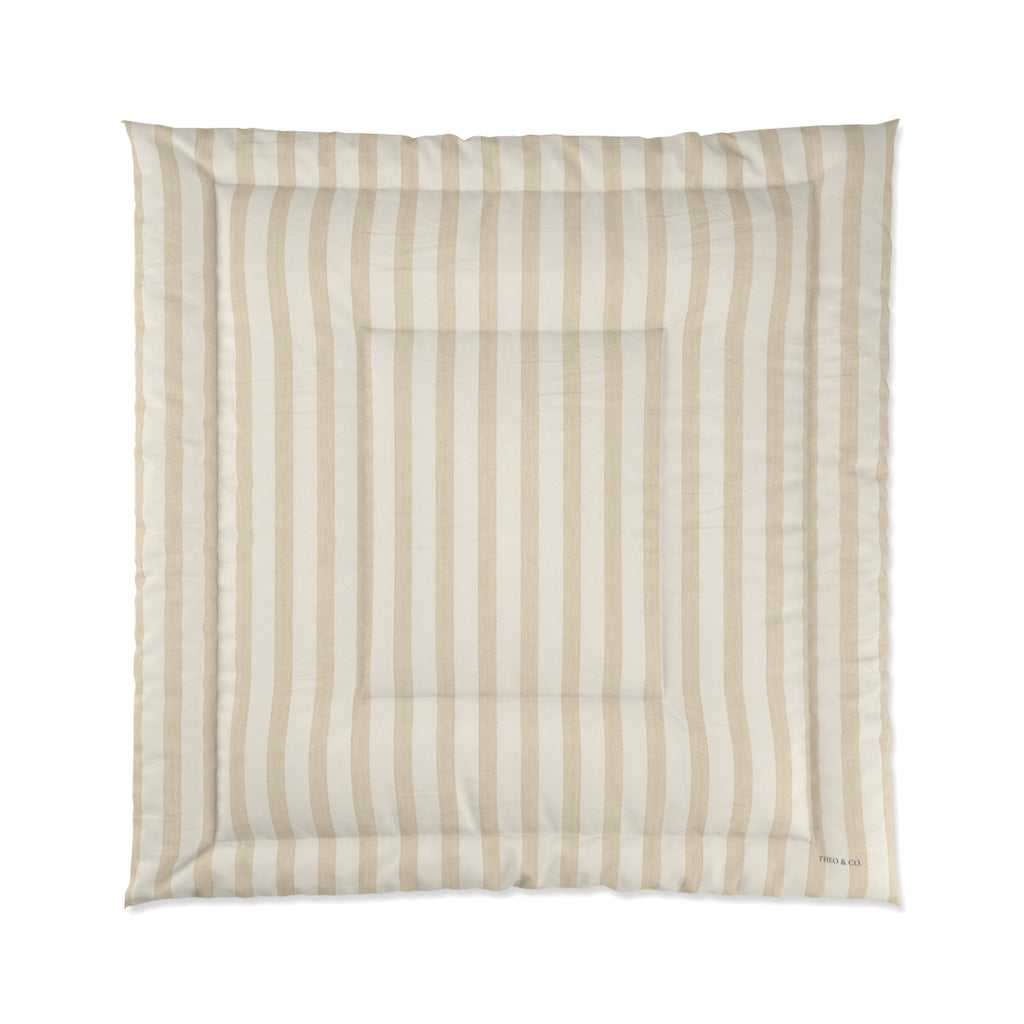 A square padded cushion with a striped pattern in beige and off-white, featuring a stitched border and a central square channel, shown against a plain white background.