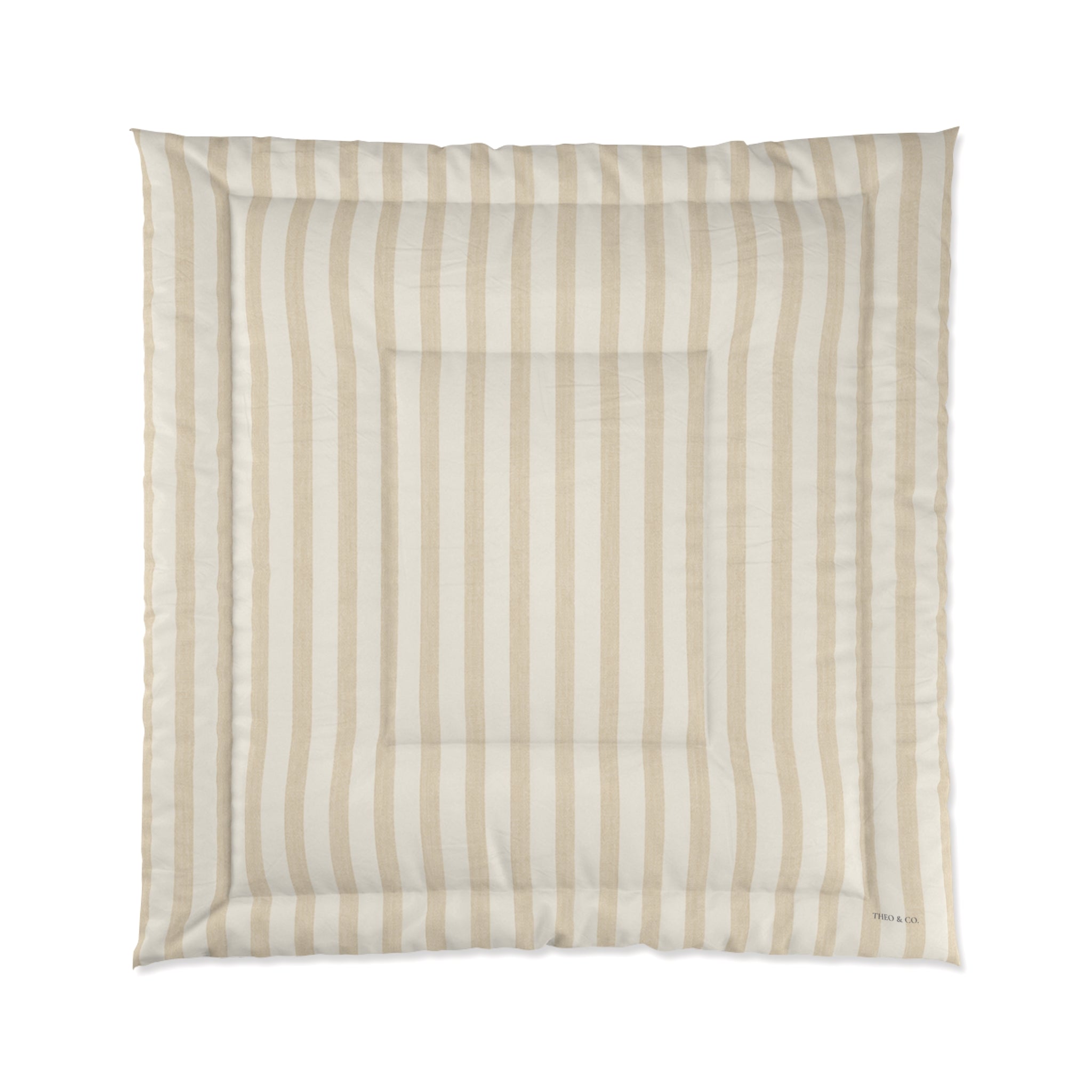 A square padded cushion with a striped pattern in beige and off-white, featuring a stitched border and a central square channel, shown against a plain white background.