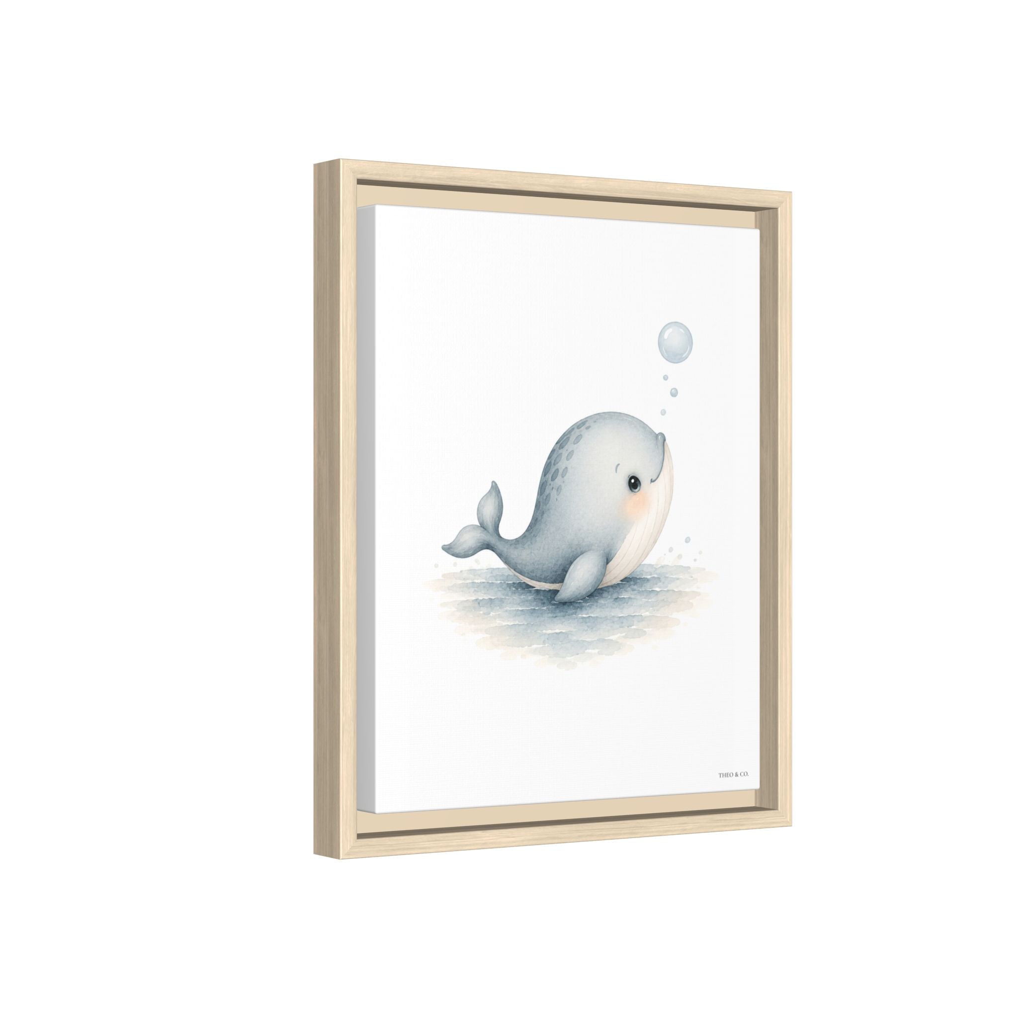 A framed art print featuring a cute, stylized illustration of a light blue-gray beluga whale blowing a bubble, set in a light natural wood frame against a white background.