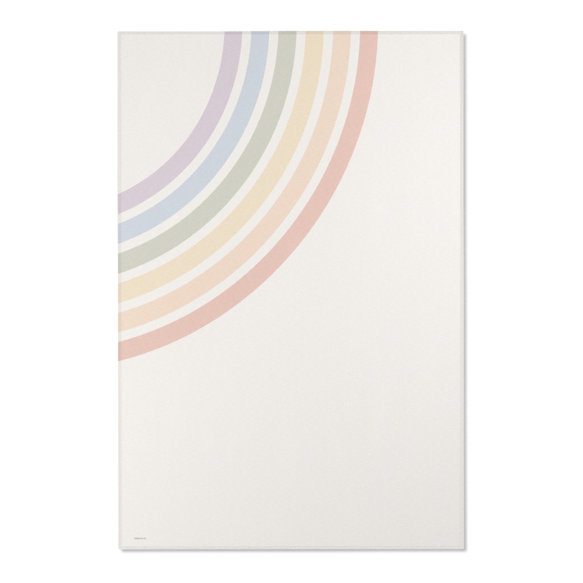 A minimalist art print featuring a series of soft, pastel rainbow arches curving from the top-left corner onto an off-white background.