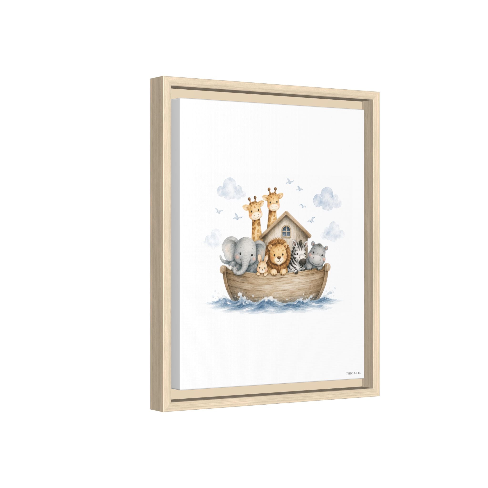Framed wall art featuring a whimsical illustration of Noah's Ark with cartoon animals including a giraffe, elephant, lion, and cat on a white background, shown in a light natural wood frame against a white backdrop.